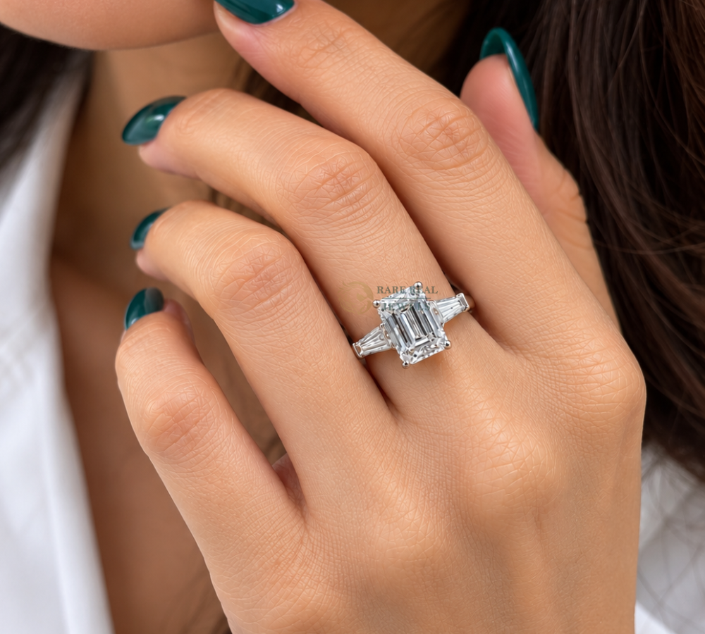 Emerald Cut Lab Grown Diamond Ring, Tapered Baguette Engagement Ring, White Gold Three Stone Bridal Jewelry Gift For Her