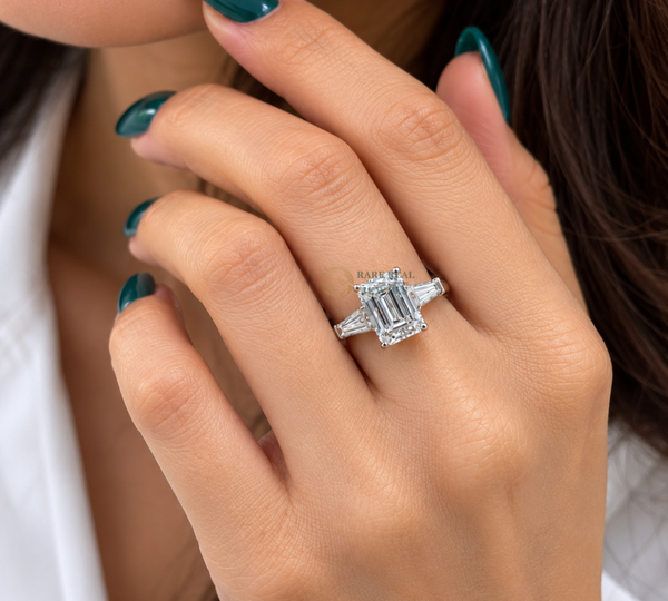 Emerald Cut Lab Grown Diamond Ring, Tapered Baguette Engagement Ring, White Gold Three Stone Bridal Jewelry Gift For Her
