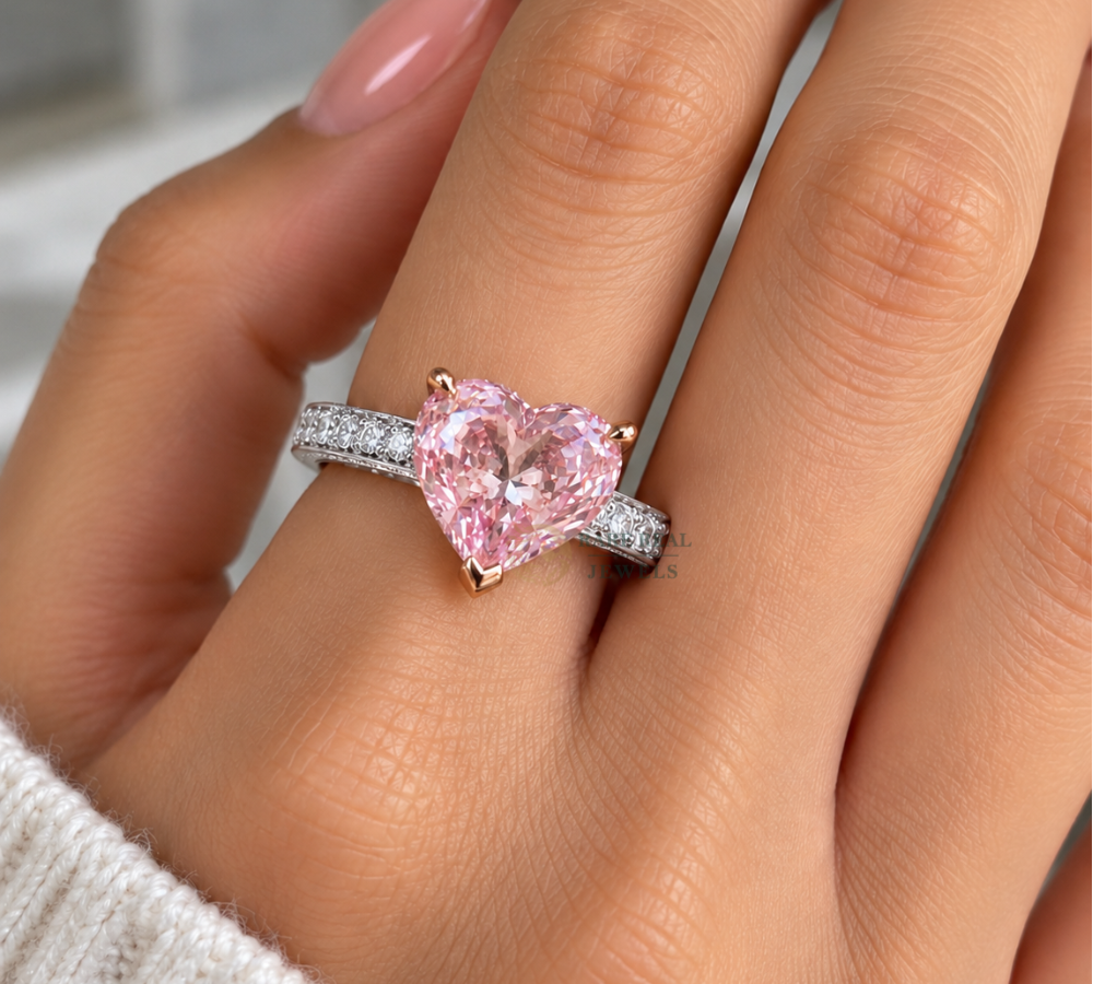 Heart Cut Pink Lab Grown Diamond Engagement Ring, Two Tone Gold Pave Band Ring, Romantic Promise Ring For Her Heart Cut Pink Diamond Ring.