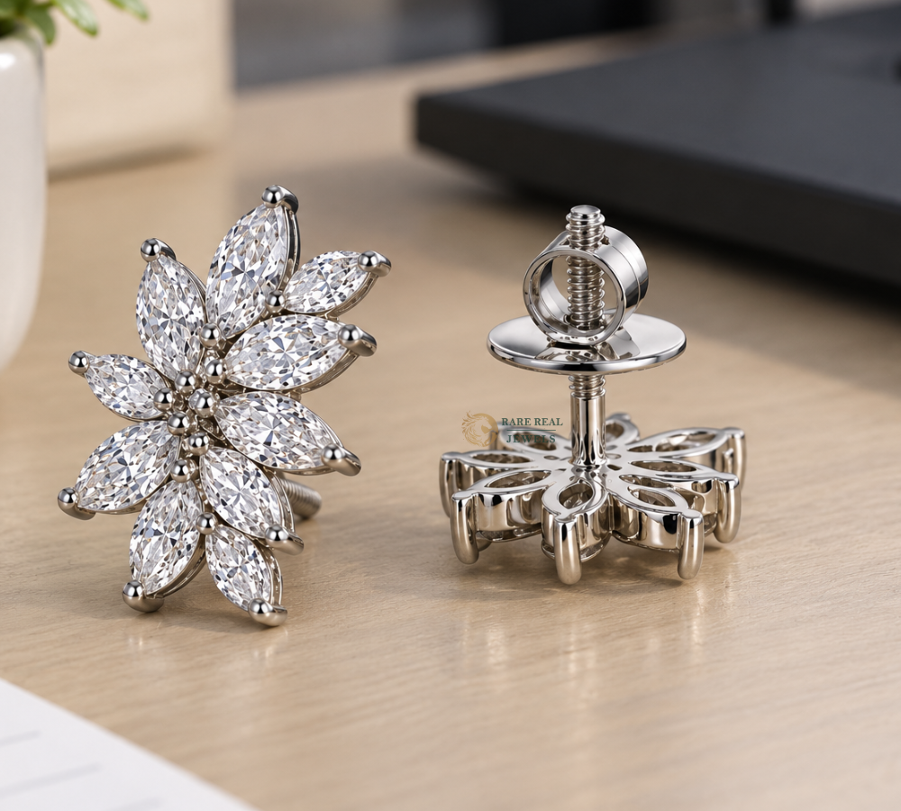 Marquise Diamond Flower Earrings, Lab Grown Diamond Stud Earrings, Floral Cluster Earrings, Gift for Her, Wedding Jewelry