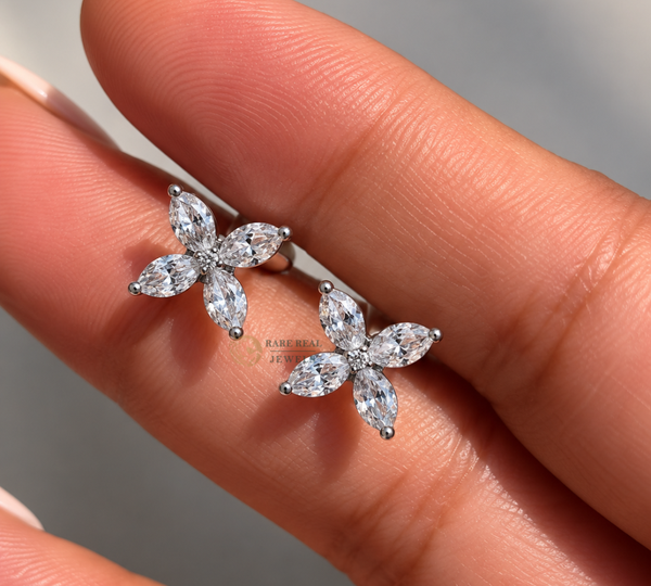 Marquise Cut Lab Grown Diamond Flower Stud Earrings, Floral Diamond Earrings, White Gold Earrings, Gift For Her, Bridal Jewelry