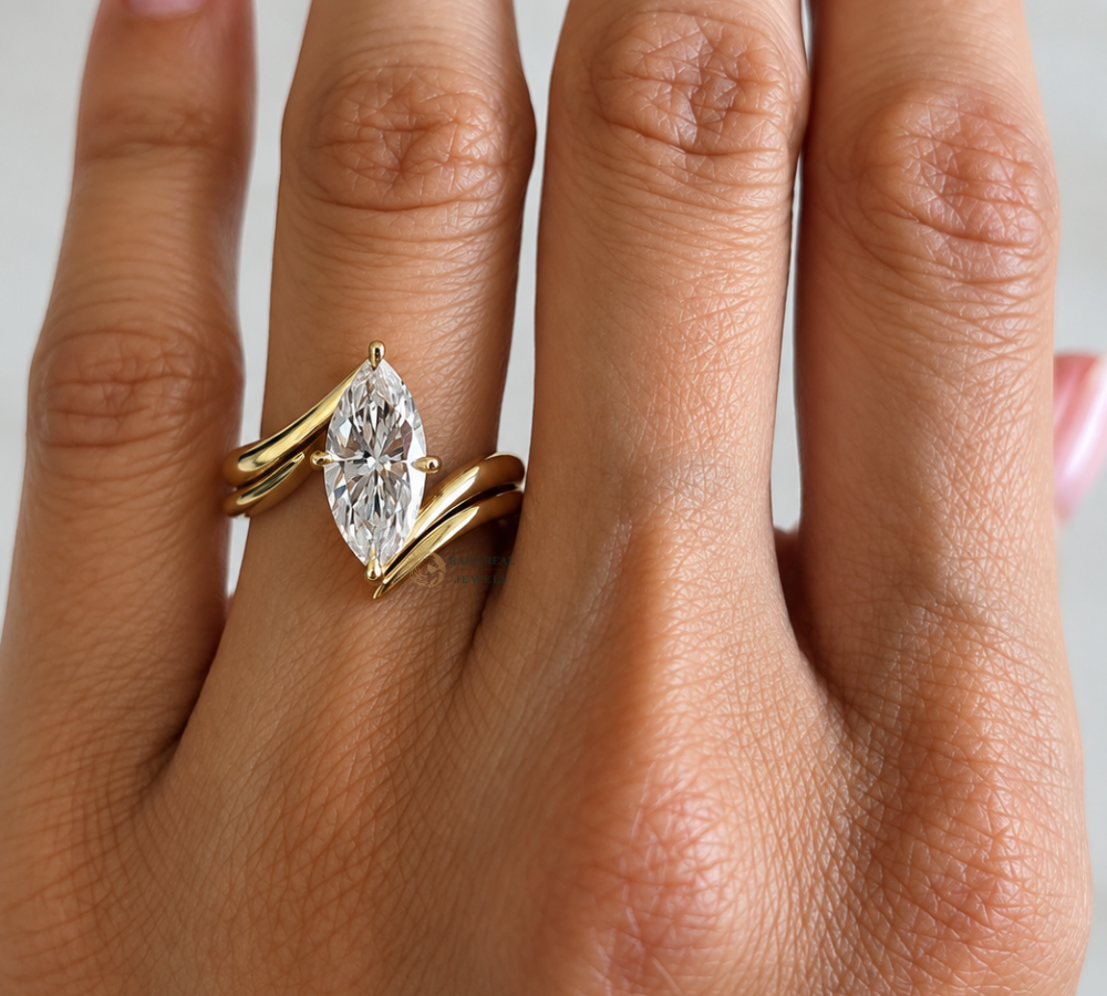 Marquise Cut Lab Grown Diamond Ring, Curved Wedding Band Set, Solitaire Engagement Ring, Gold Bridal Ring