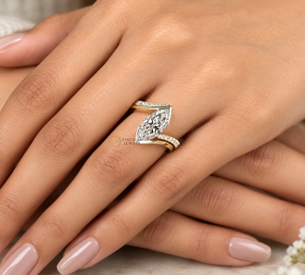Marquise Cut Lab Grown Diamond Engagement Ring Set, Yellow Gold Bridal Ring, Wrap Wedding Band, Unique Proposal Ring