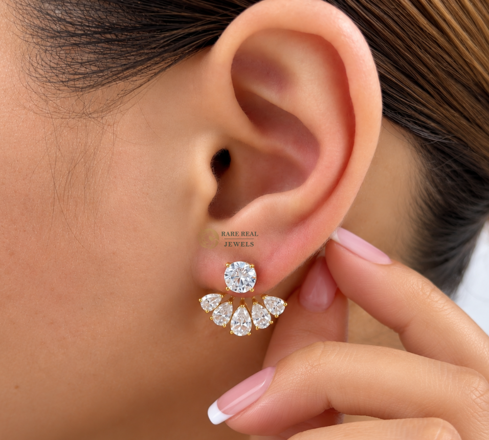Pear Cut Lab Grown Diamond Jacket Earrings, Round Diamond Stud Earrings, Yellow Gold Bridal Earrings Gift For Her