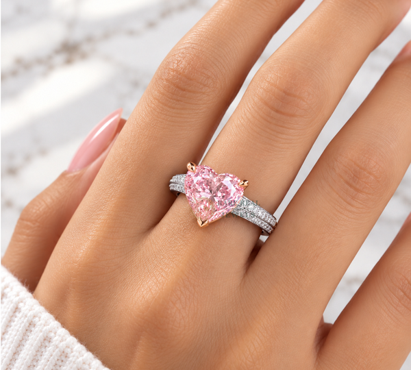 Heart Cut Pink Lab Grown Diamond Engagement Ring, Two Tone Gold Pave Band Ring, Romantic Promise Ring For Her Heart Cut Pink Diamond Ring.