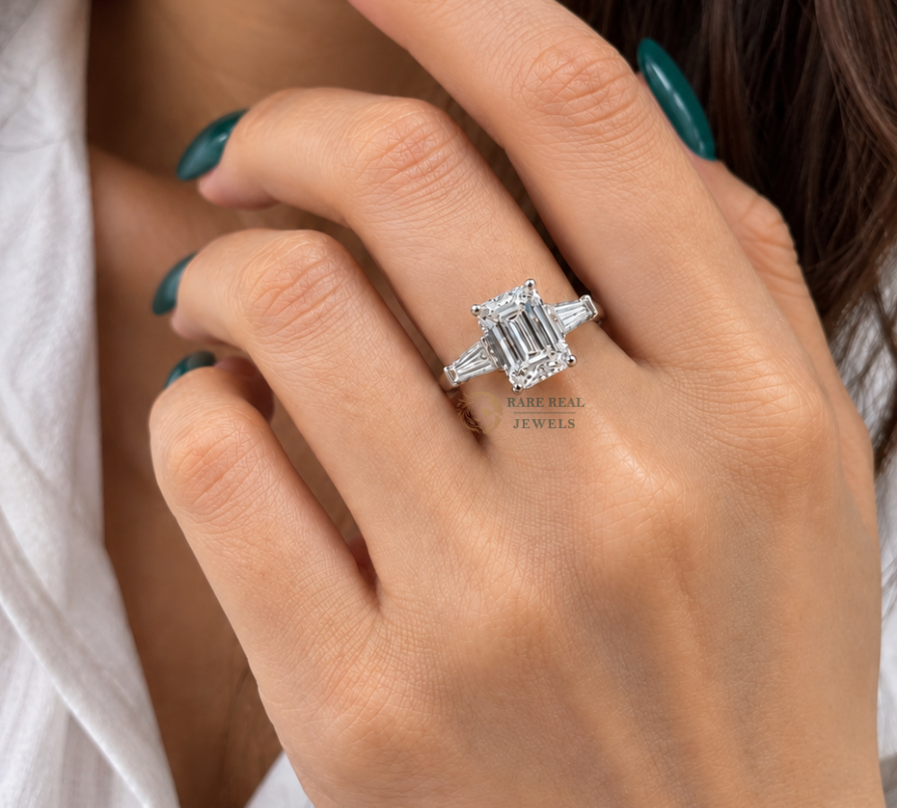 Emerald Cut Lab Grown Diamond Ring, Tapered Baguette Engagement Ring, White Gold Three Stone Bridal Jewelry Gift For Her