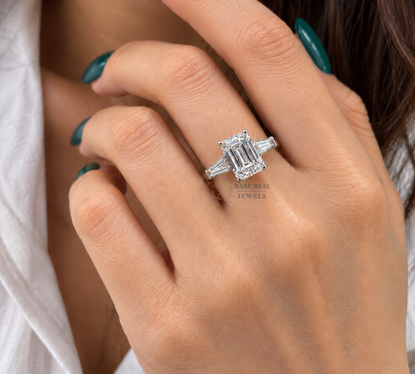 Emerald Cut Lab Grown Diamond Ring, Tapered Baguette Engagement Ring, White Gold Three Stone Bridal Jewelry Gift For Her