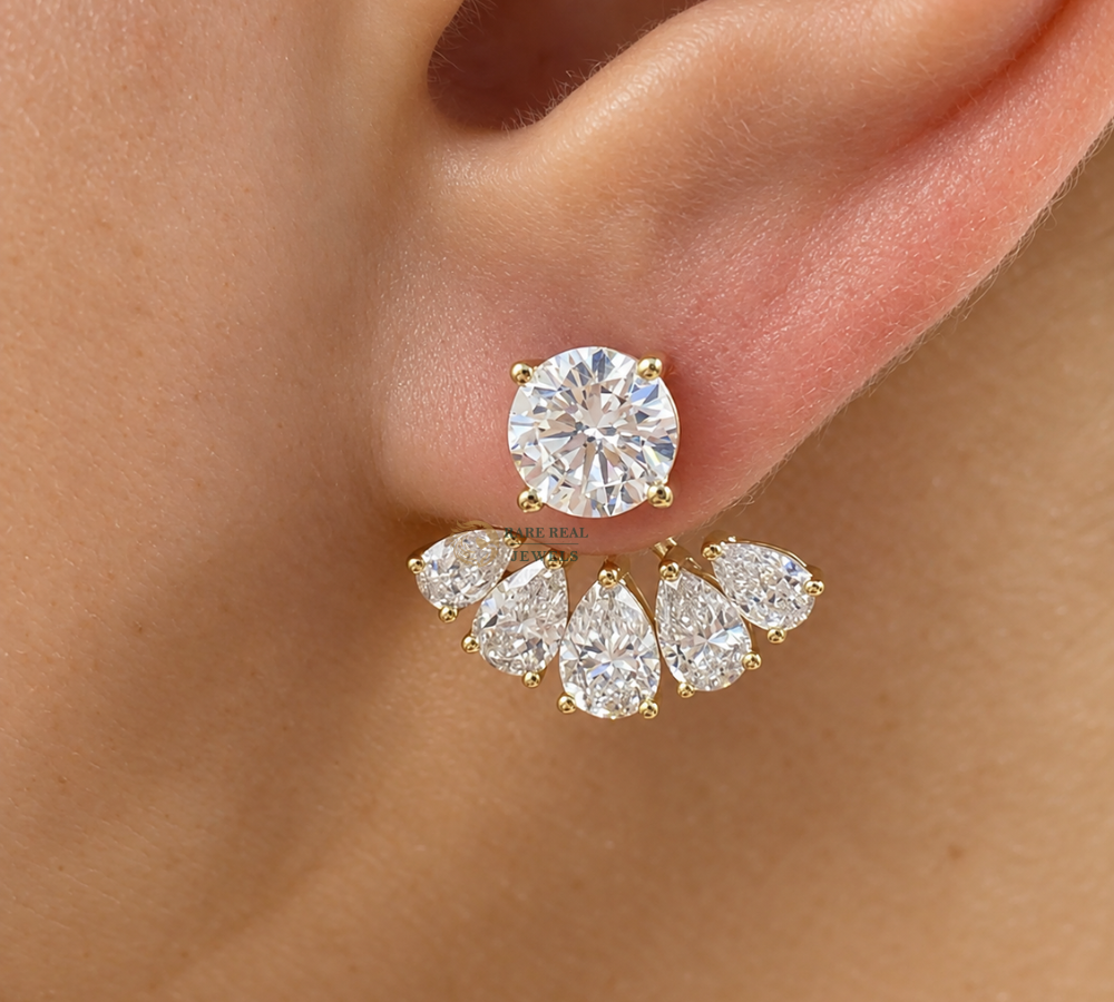 Pear Cut Lab Grown Diamond Jacket Earrings, Round Diamond Stud Earrings, Yellow Gold Bridal Earrings Gift For Her
