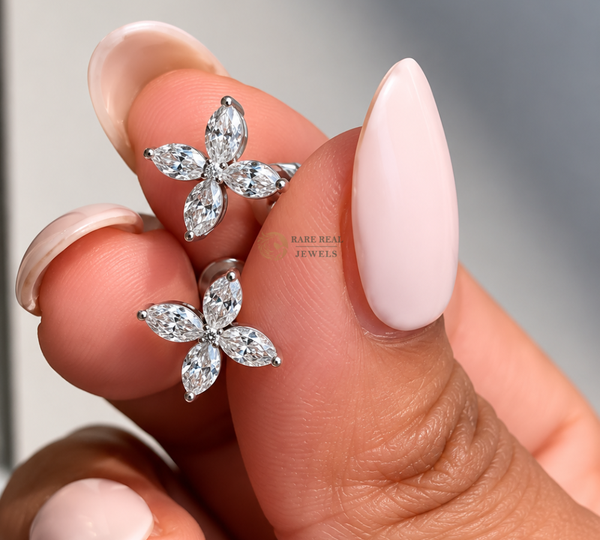 Marquise Cut Lab Grown Diamond Flower Stud Earrings, Floral Diamond Earrings, White Gold Earrings, Gift For Her, Bridal Jewelry