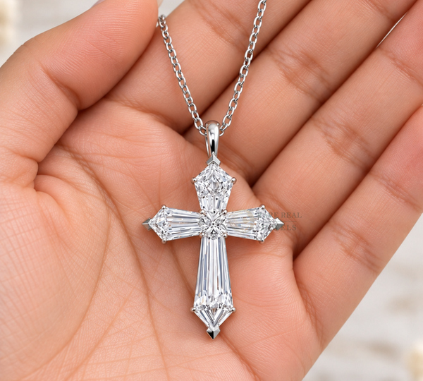 Baguette Lab Grown Diamond Cross Necklace, 10K 14K 18K White Gold Cross Pendant, Christian Gift, Baptism Jewelry For Her