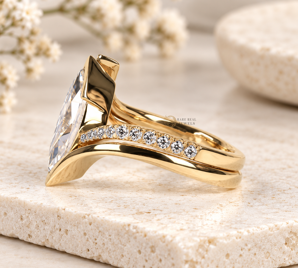 Marquise Cut Lab Grown Diamond Engagement Ring Set, Yellow Gold Bridal Ring, Wrap Wedding Band, Unique Proposal Ring
