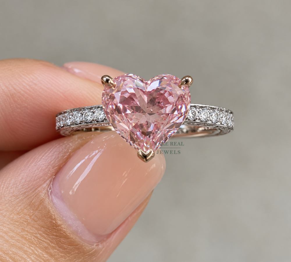 Heart Cut Pink Lab Grown Diamond Engagement Ring, Two Tone Gold Pave Band Ring, Romantic Promise Ring For Her Heart Cut Pink Diamond Ring.
