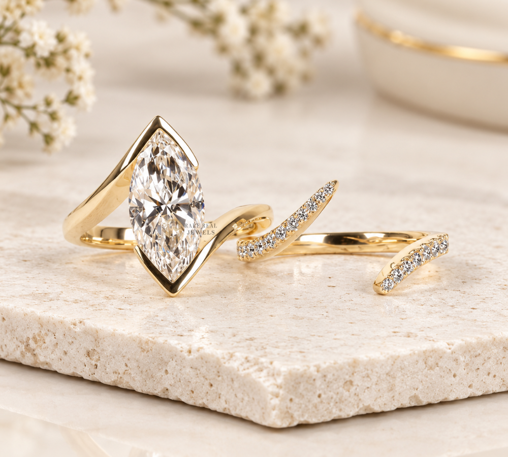 Marquise Cut Lab Grown Diamond Engagement Ring Set, Yellow Gold Bridal Ring, Wrap Wedding Band, Unique Proposal Ring