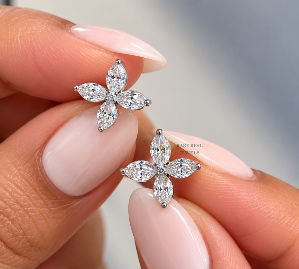 Marquise Cut Lab Grown Diamond Flower Stud Earrings, Floral Diamond Earrings, White Gold Earrings, Gift For Her, Bridal Jewelry