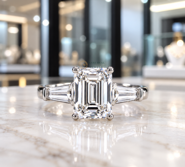 Emerald Cut Lab Grown Diamond Ring, Tapered Baguette Engagement Ring, White Gold Three Stone Bridal Jewelry Gift For Her