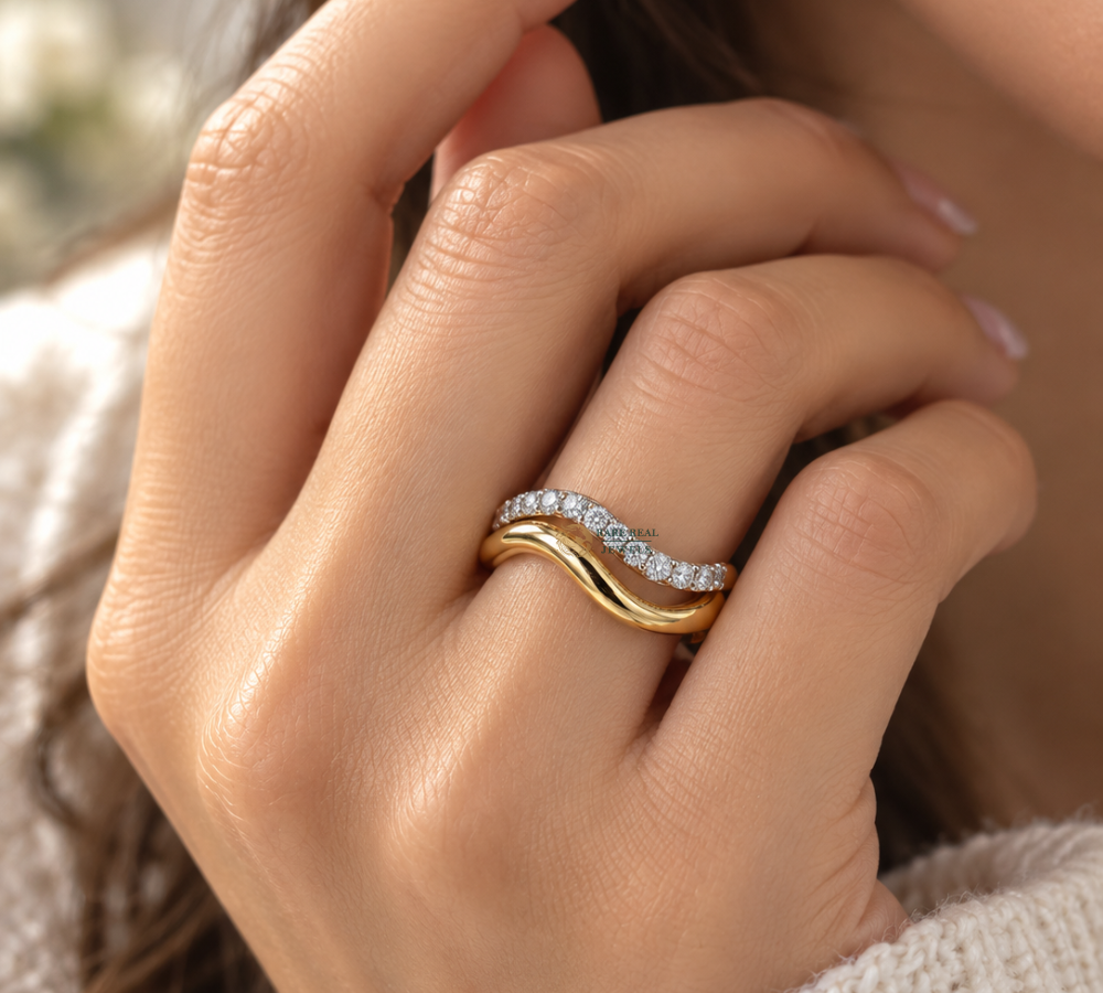 Curved Diamond Wedding Band, Lab Grown Diamond Ring, Curved Stacking Ring, Gold Wedding Band, Anniversary Gift