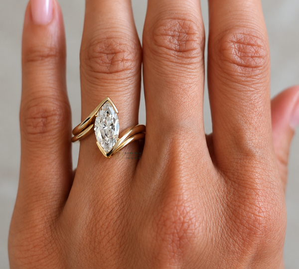 Marquise Cut Lab Grown Diamond Ring, Curved Wedding Band Set, Solitaire Engagement Ring, Gold Bridal Ring