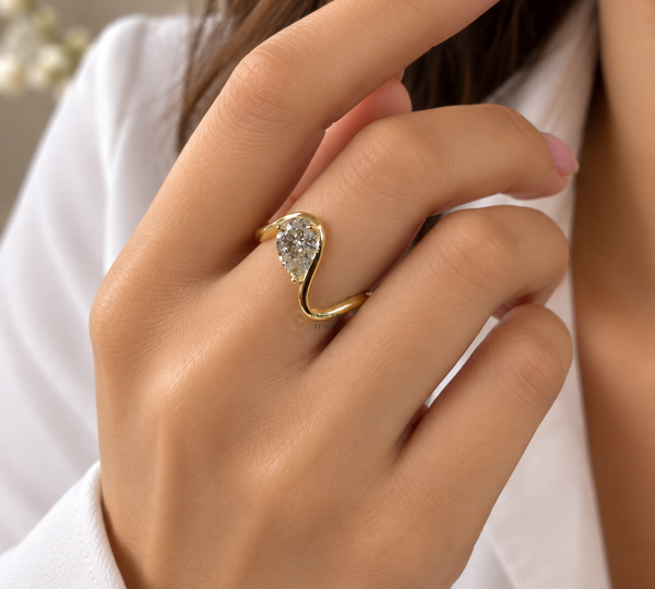 Pear Cut Lab Grown Diamond Engagement Ring, Solitaire Open Wrap Ring, Yellow Gold Ring, Bridal Ring, Proposal Ring for Her