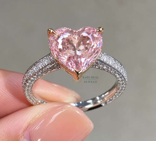 Heart Cut Pink Lab Grown Diamond Engagement Ring, Two Tone Gold Pave Band Ring, Romantic Promise Ring For Her Heart Cut Pink Diamond Ring.