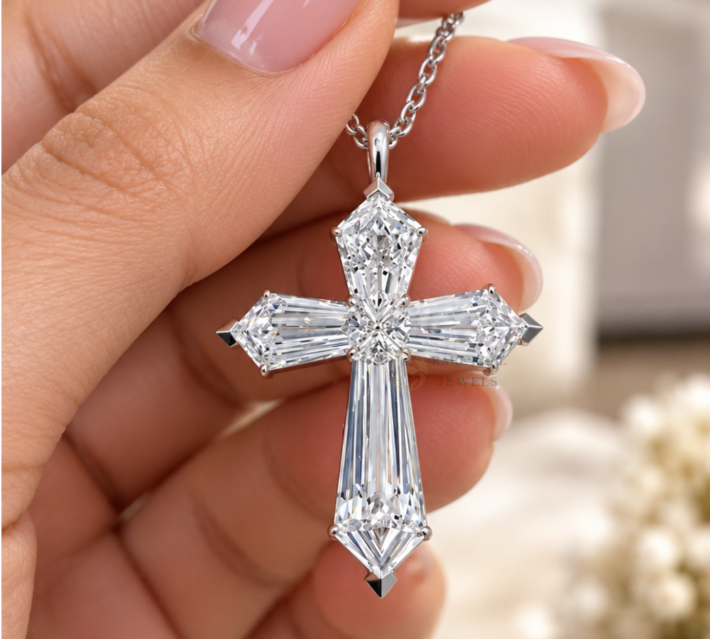 Baguette Lab Grown Diamond Cross Necklace, 10K 14K 18K White Gold Cross Pendant, Christian Gift, Baptism Jewelry For Her