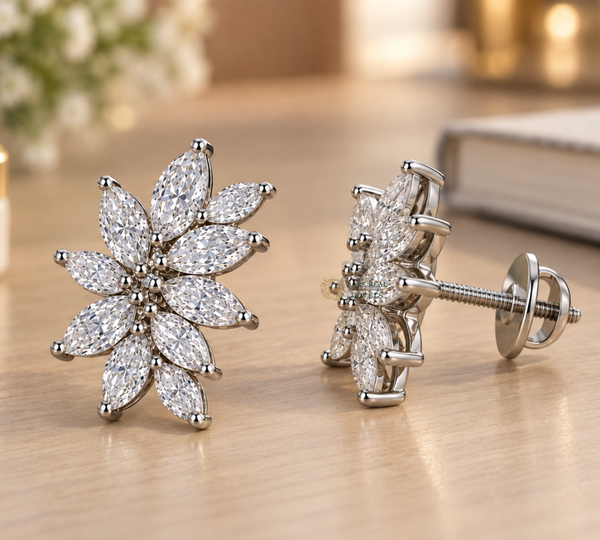 Marquise Diamond Flower Earrings, Lab Grown Diamond Stud Earrings, Floral Cluster Earrings, Gift for Her, Wedding Jewelry