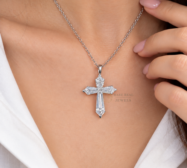 Baguette Lab Grown Diamond Cross Necklace, 10K 14K 18K White Gold Cross Pendant, Christian Gift, Baptism Jewelry For Her