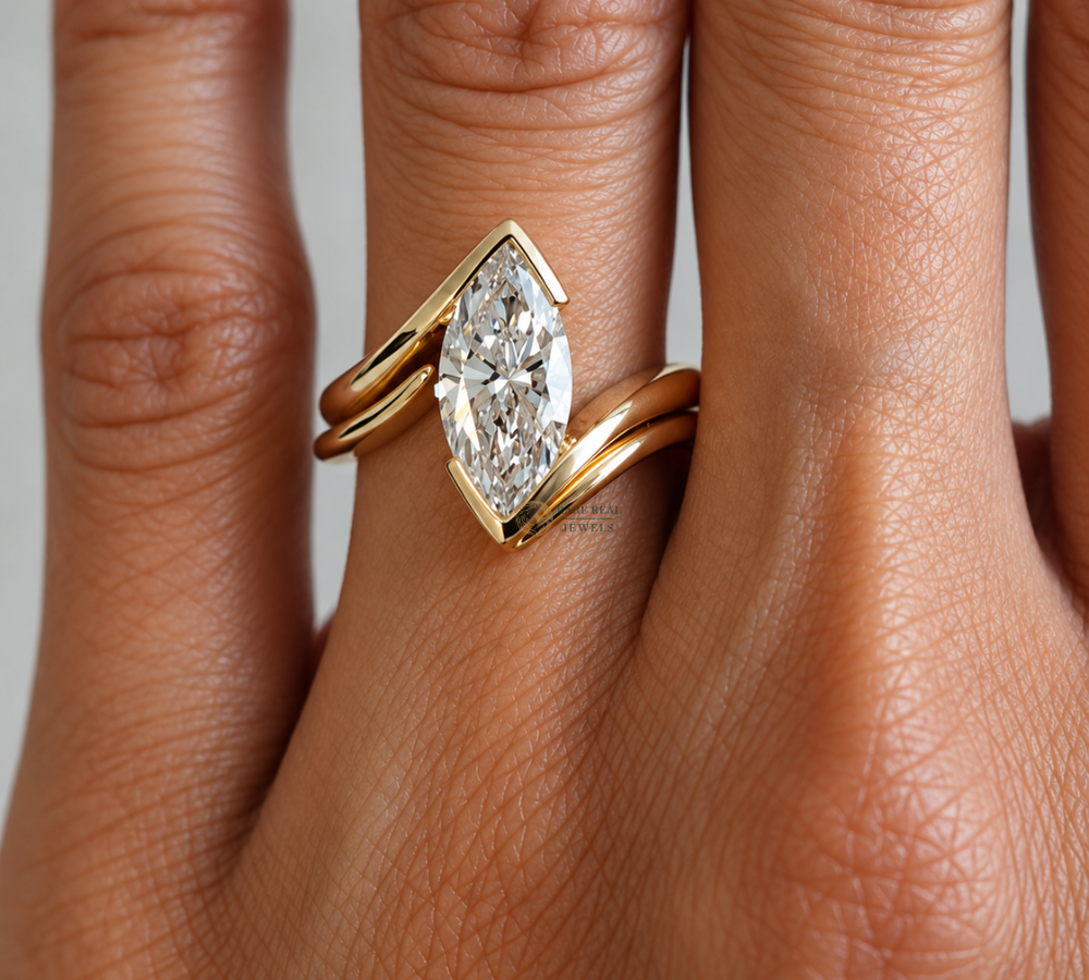Marquise Cut Lab Grown Diamond Ring, Curved Wedding Band Set, Solitaire Engagement Ring, Gold Bridal Ring