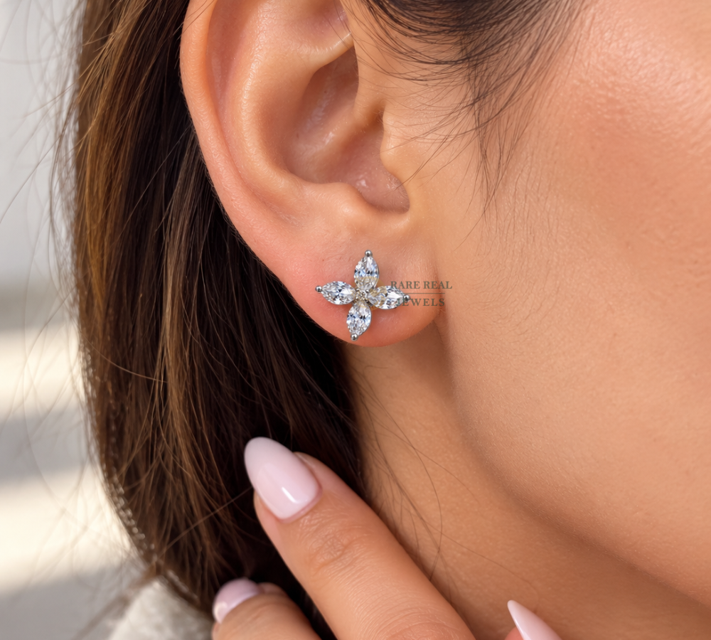 Marquise Cut Lab Grown Diamond Flower Stud Earrings, Floral Diamond Earrings, White Gold Earrings, Gift For Her, Bridal Jewelry