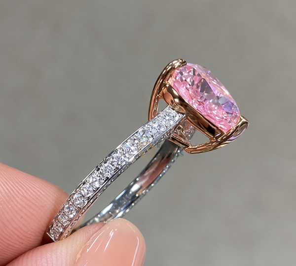 Heart Cut Pink Lab Grown Diamond Engagement Ring, Two Tone Gold Pave Band Ring, Romantic Promise Ring For Her Heart Cut Pink Diamond Ring.