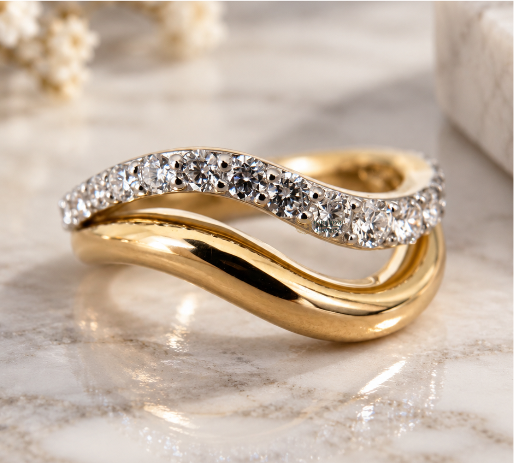 Curved Diamond Wedding Band, Lab Grown Diamond Ring, Curved Stacking Ring, Gold Wedding Band, Anniversary Gift Main image
