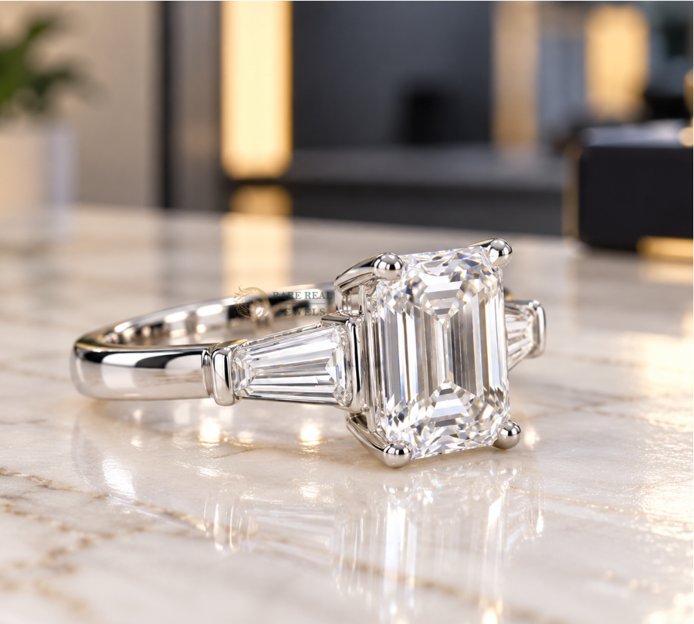 Emerald Cut Lab Grown Diamond Ring, Tapered Baguette Engagement Ring, White Gold Three Stone Bridal Jewelry Gift For Her