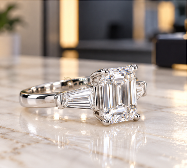 Emerald Cut Lab Grown Diamond Ring, Tapered Baguette Engagement Ring, White Gold Three Stone Bridal Jewelry Gift For Her