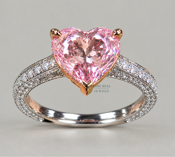 Heart Cut Pink Lab Grown Diamond Engagement Ring, Two Tone Gold Pave Band Ring, Romantic Promise Ring For Her Heart Cut Pink Diamond Ring.