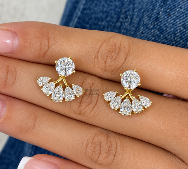 Pear Cut Lab Grown Diamond Jacket Earrings, Round Diamond Stud Earrings, Yellow Gold Bridal Earrings Gift For Her