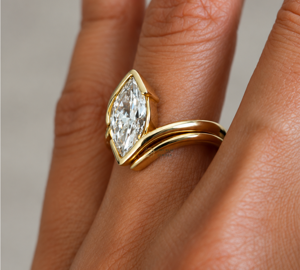 Marquise Cut Lab Grown Diamond Ring, Curved Wedding Band Set, Solitaire Engagement Ring, Gold Bridal Ring