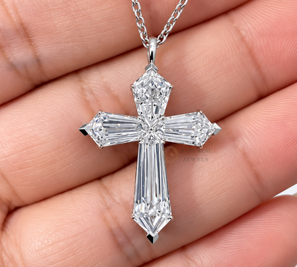 Baguette Lab Grown Diamond Cross Necklace, 10K 14K 18K White Gold Cross Pendant, Christian Gift, Baptism Jewelry For Her