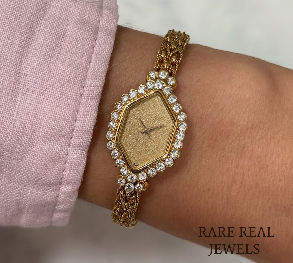 925 Sterling Silver Diamond Watch, Vintage Hexagon Women's Watch, Yellow Gold Luxury Watch, Pavé Diamond Bezel Watch Main image