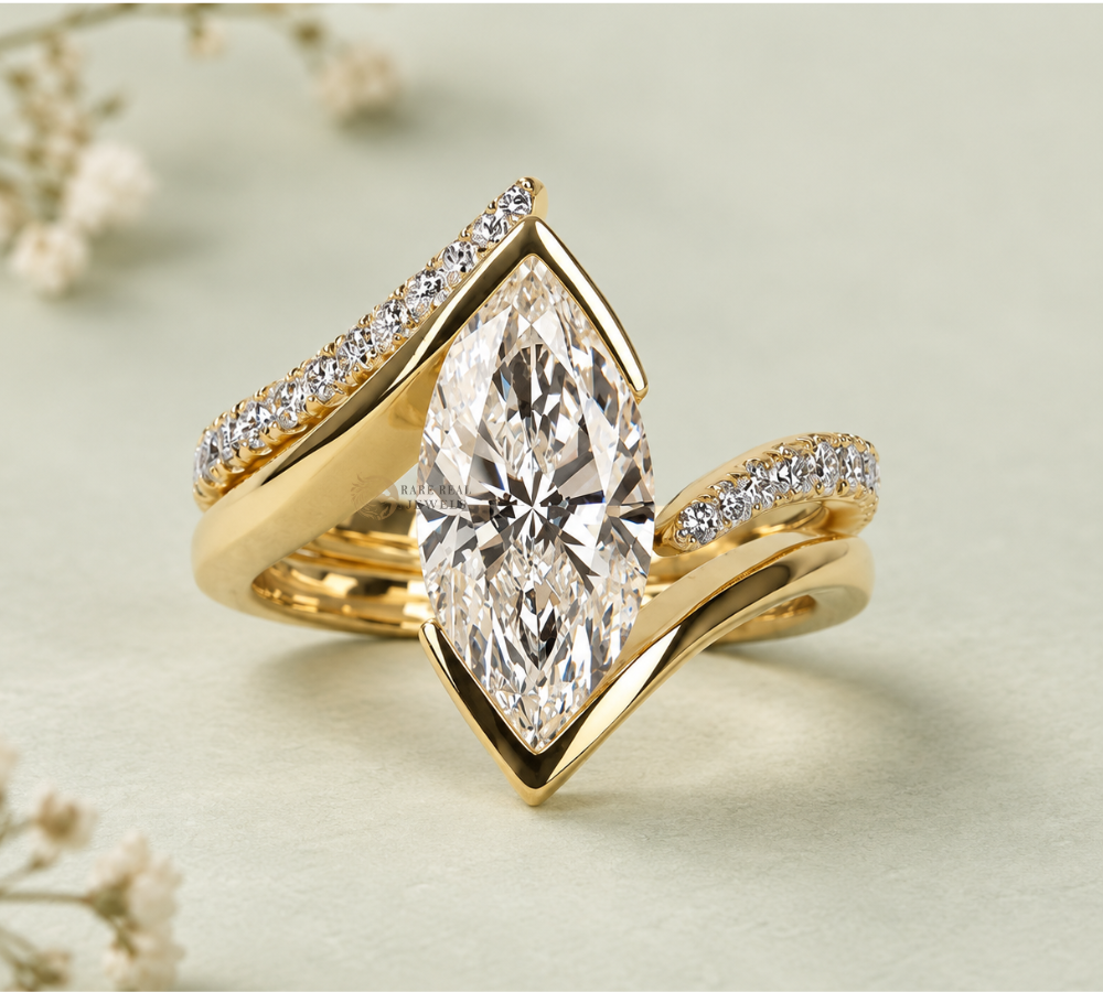 Marquise Cut Lab Grown Diamond Engagement Ring Set, Yellow Gold Bridal Ring, Wrap Wedding Band, Unique Proposal Ring