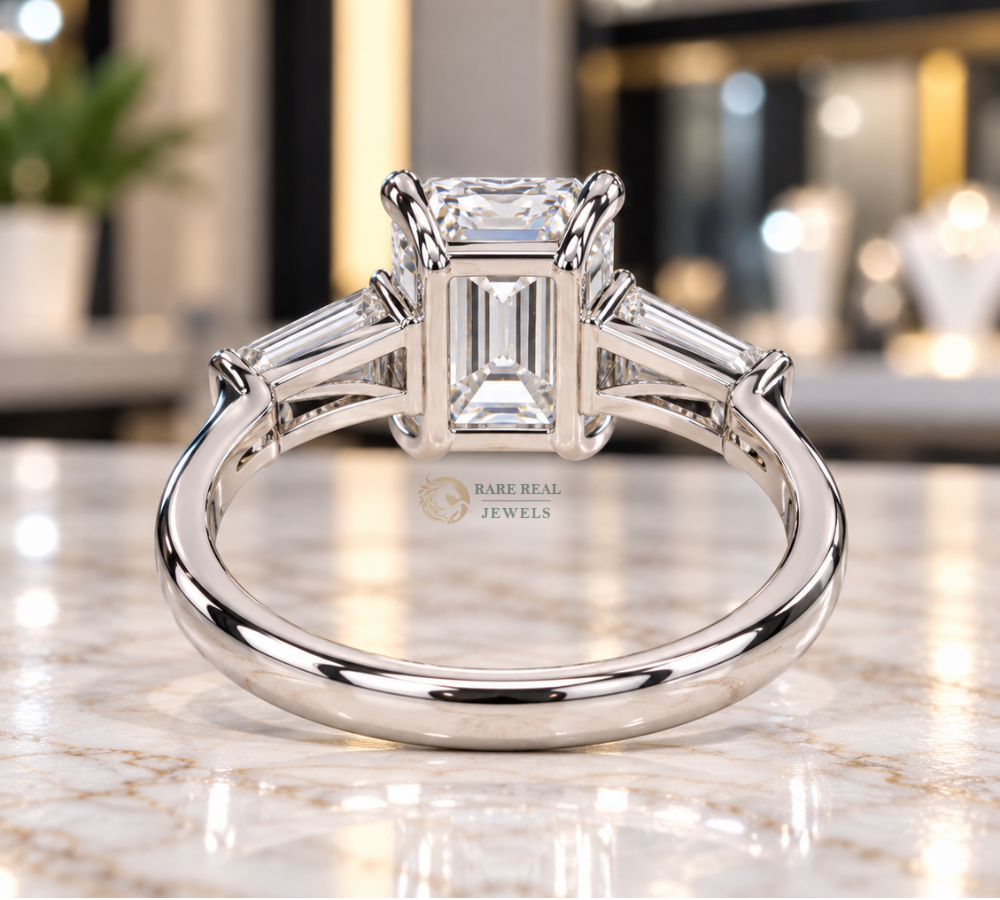 Emerald Cut Lab Grown Diamond Ring, Tapered Baguette Engagement Ring, White Gold Three Stone Bridal Jewelry Gift For Her