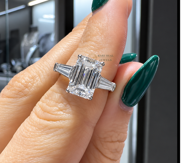Emerald Cut Lab Grown Diamond Ring, Tapered Baguette Engagement Ring, White Gold Three Stone Bridal Jewelry Gift For Her
