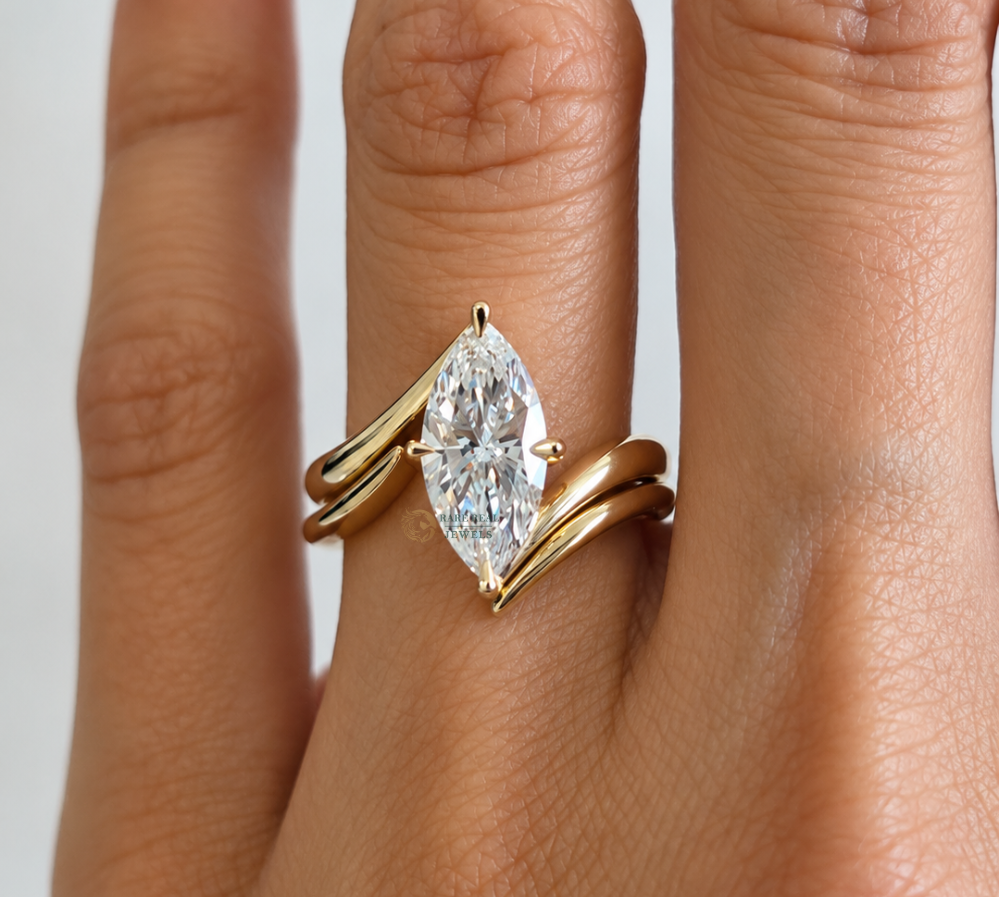 Marquise Cut Lab Grown Diamond Ring, Curved Wedding Band Set, Solitaire Engagement Ring, Gold Bridal Ring