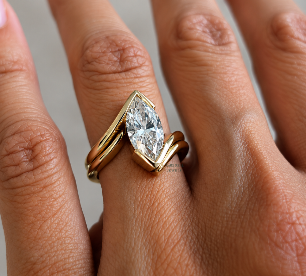 Marquise Cut Lab Grown Diamond Ring, Curved Wedding Band Set, Solitaire Engagement Ring, Gold Bridal Ring