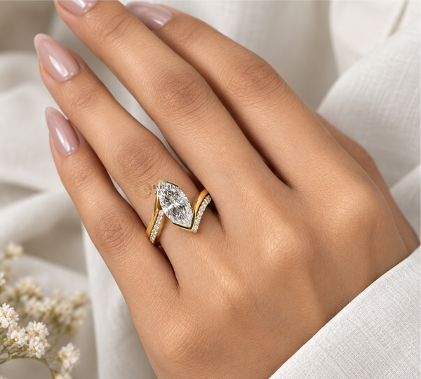 Marquise Cut Lab Grown Diamond Engagement Ring Set, Yellow Gold Bridal Ring, Wrap Wedding Band, Unique Proposal Ring