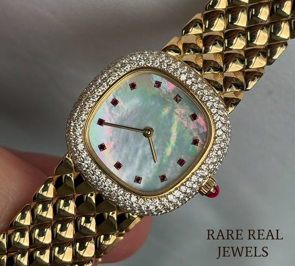 925 Sterling Silver Diamond Watch, Mother of Pearl Dial Watch, Luxury Women's Watch, Pavé Diamond Bezel, Ruby Marker Watch
