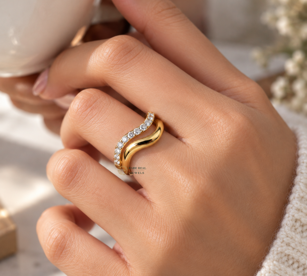 Curved Diamond Wedding Band, Lab Grown Diamond Ring, Curved Stacking Ring, Gold Wedding Band, Anniversary Gift