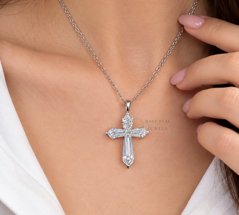 Baguette Lab Grown Diamond Cross Necklace, 10K 14K 18K White Gold Cross Pendant, Christian Gift, Baptism Jewelry For Her