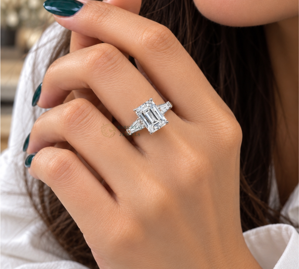 Emerald Cut Lab Grown Diamond Ring, Tapered Baguette Engagement Ring, White Gold Three Stone Bridal Jewelry Gift For Her
