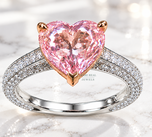Heart Cut Pink Lab Grown Diamond Engagement Ring, Two Tone Gold Pave Band Ring, Romantic Promise Ring For Her Heart Cut Pink Diamond Ring.