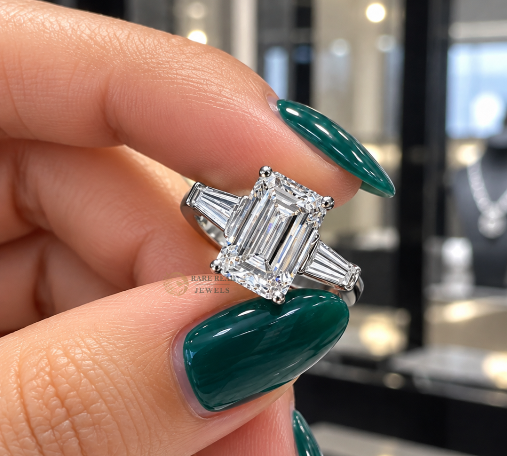 Emerald Cut Lab Grown Diamond Ring, Tapered Baguette Engagement Ring, White Gold Three Stone Bridal Jewelry Gift For Her