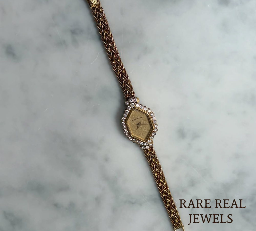 925 Sterling Silver Diamond Watch, Vintage Hexagon Women's Watch, Yellow Gold Luxury Watch, Pavé Diamond Bezel Watch